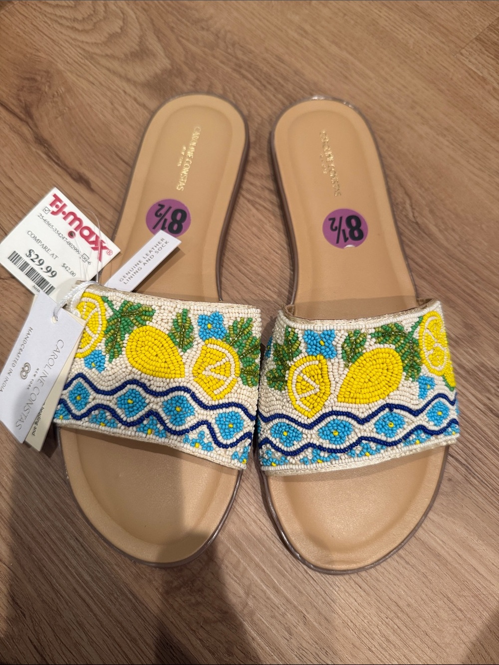 Caroline Constas Beaded Lemon Slide Sandals - Yellow, Blue, Green